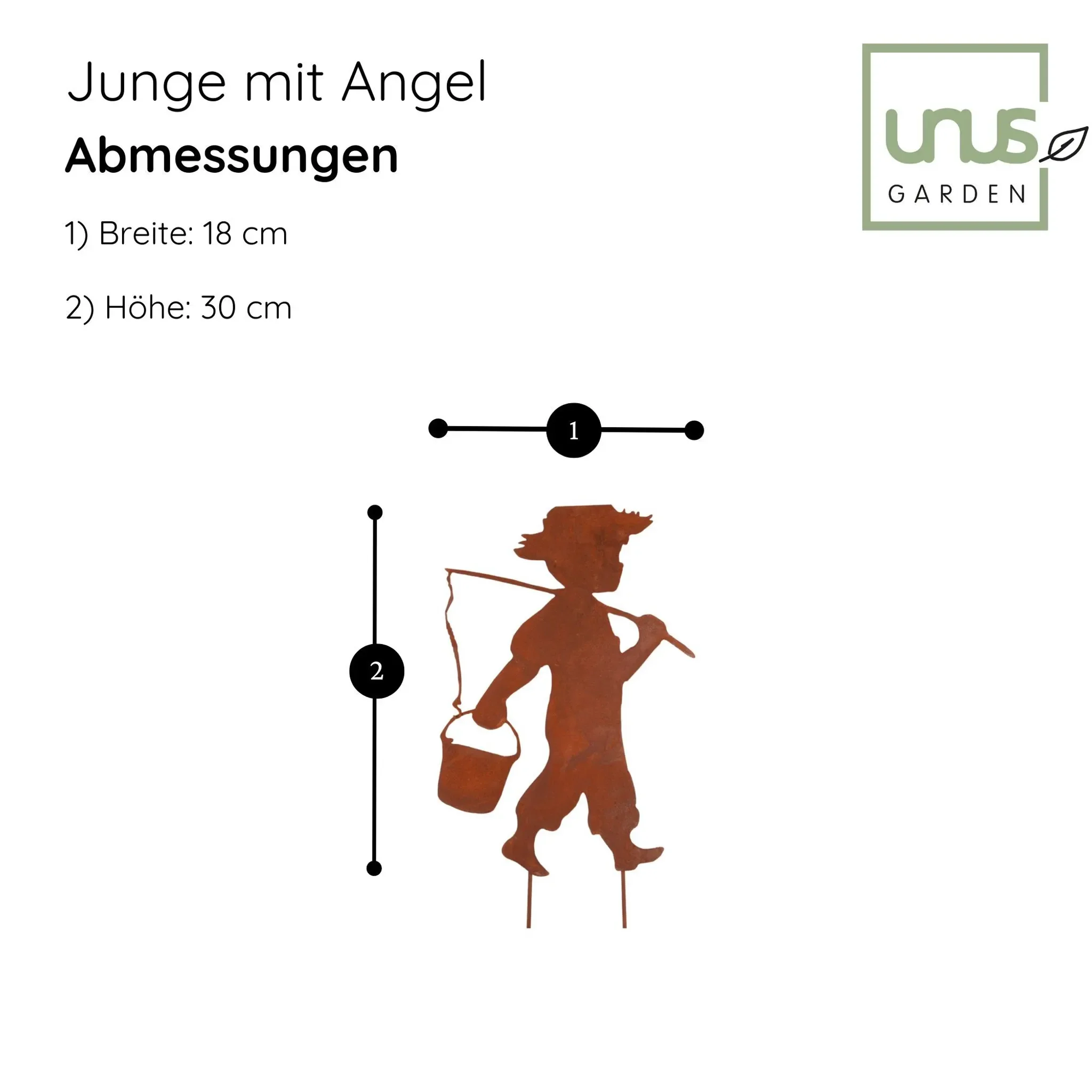 Gartenstecker „Kind mit Hut, Angel & Eimer“ – Edelrost Metall
